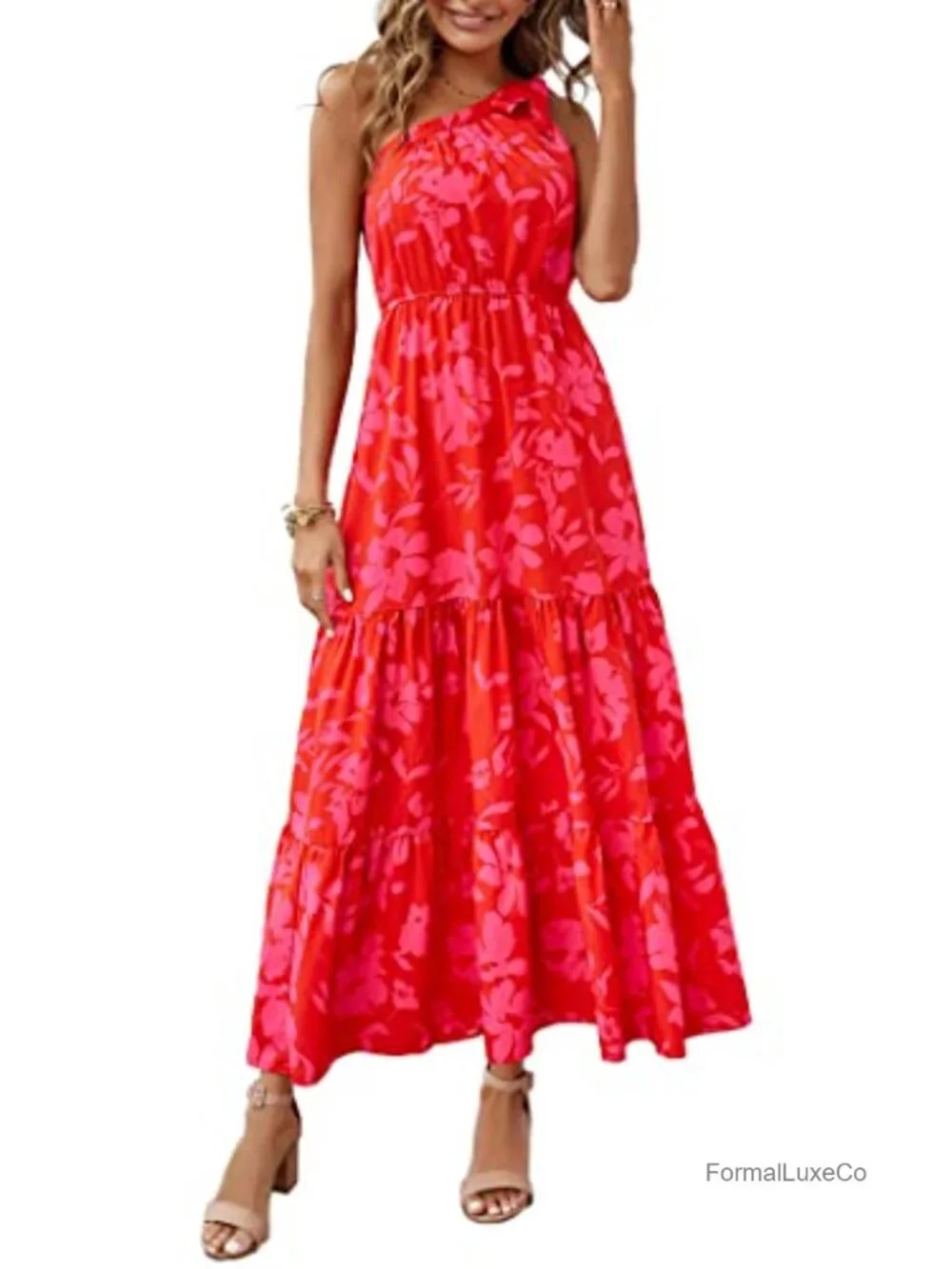 Women's One Shoulder Floral Maxi Dress Sleeveless A-Line